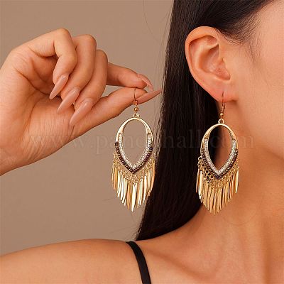 Серьги-люстры с кисточками в форме капли из латуни со стразами EJEW-U058-02G-1