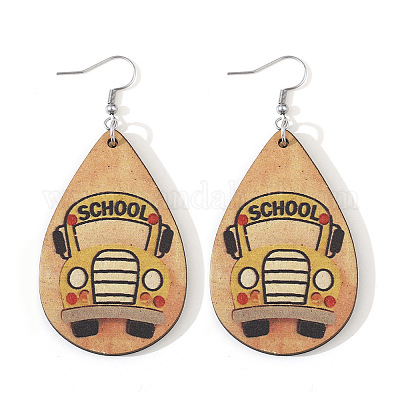 Деревянные серьги-подвески в форме слезы с рисунком школьного автобуса FS-WG9A52D-01-1