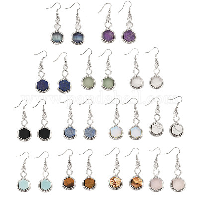 Шестиугольные серьги-подвески из натурального смешанного камня EJEW-K298-01P-1