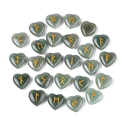 25 шт. натуральный зеленый авантюрин в форме сердца с гравировкой алфавита старшего футарка G-T144-02E-1