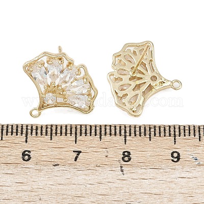 Фурнитура для сережек-гвоздиков из латуни с микропаве из прозрачных кубических цирконий в форме листьев гинкго KK-F921-07G-1
