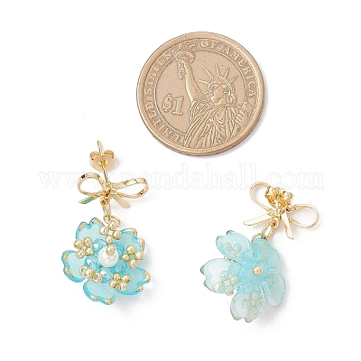 Серьги-гвоздики с подвесками из стеклянных бусин ручной работы в виде цветка EJEW-MZ00471-05-1