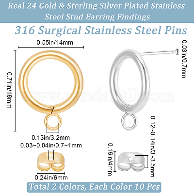 20 шт. 2 цвета фурнитура для сережек-гвоздиков из нержавеющей стали 304 STAS-BBC0005-21-1