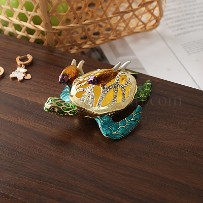 タートル合金ラインストーン金属ヒンジ付き小物入れ 海の動物の置物