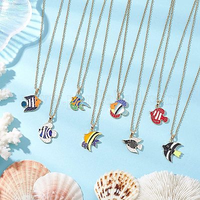 8 шт. 8 стиля ожерелья с подвеской в виде рыбы из сплава и эмали на тему океана NJEW-JN05228-1