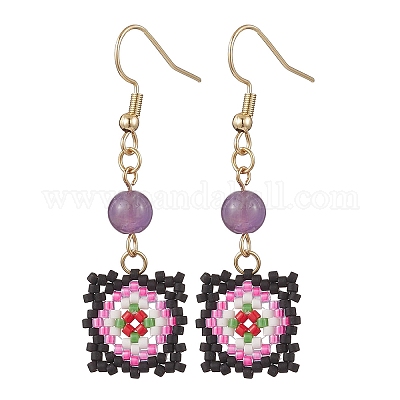 Серьги-подвески ручной работы из стеклянных бусин с узором «окно-решетка» EJEW-MZ00560-05-1