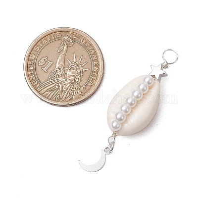 3 шт. 3 стиля подвески из натуральной ракушки каури с медной проволокой и стеклянным жемчугом PALLOY-JF03504-1