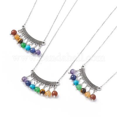 Ожерелье с подвеской в форме прямоугольника из бисера из натуральных смешанных драгоценных камней NJEW-P274-06-1