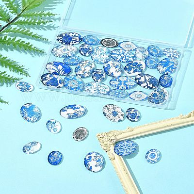 40 шт. 2 стиля цветочных украшений стеклянные овальные плоские кабошоны GGLA-FS0001-10-1