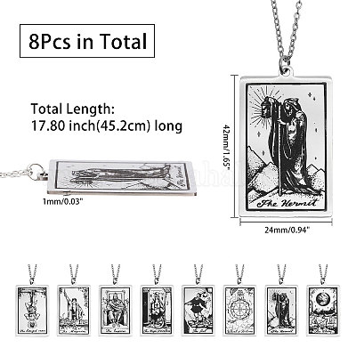 8 шт. 8 стиля ожерелье с подвеской в виде карт Таро из нержавеющей стали 201 с цепочками из нержавеющей стали 304 NJEW-AB00023-1