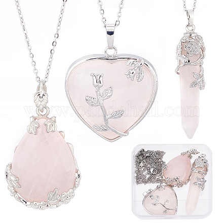 SUNNYCLUE 1 Box 3 Style DIY Natural Rose Quartz Necklace Gemstone Necklace Making Kit Healing Stone Bullet Heart Pendants with Stainless Steel Chain for Jewellery Making Charms DIY Craft Chakra Decor DIY-SC0019-16-1