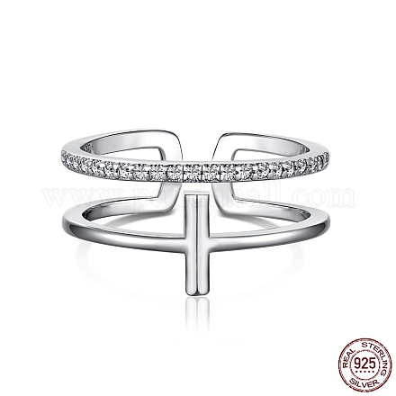 Rhodium Plated 925 Sterling Silver Cross Open Cuff Rings with Cubic Zirconia RJEW-F150-51P-1