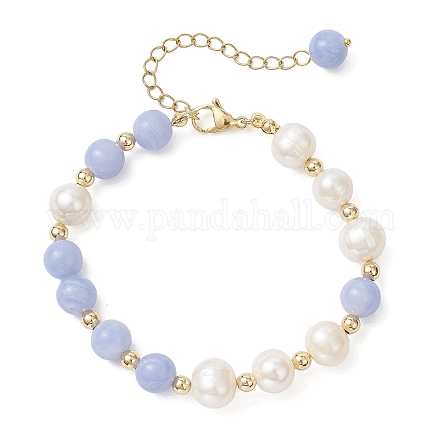 Браслеты из натуральных бусин голубого кружевного агата и культивированного пресноводного жемчуга с круглыми бусинами для женщин BJEW-JB12708-1