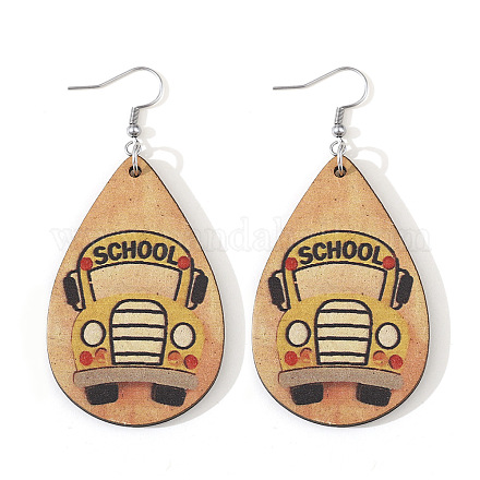 Деревянные серьги-подвески в форме слезы с рисунком школьного автобуса FS-WG9A52D-01-1