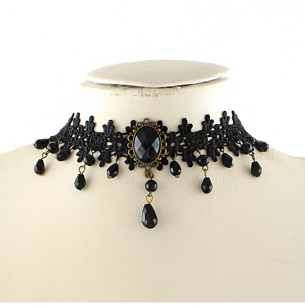Dentelle vintage choker de style gothique colliers avec des accessoires en alliage et des perles de verre NJEW-R227-66-1