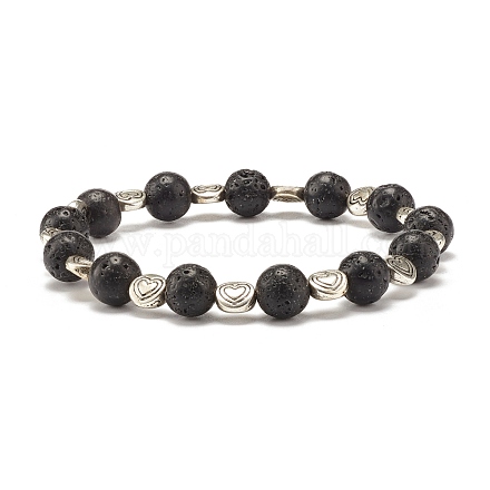 Bracelet extensible rond en pierre de lave naturelle et perles en alliage de cœur BJEW-JB07458-1