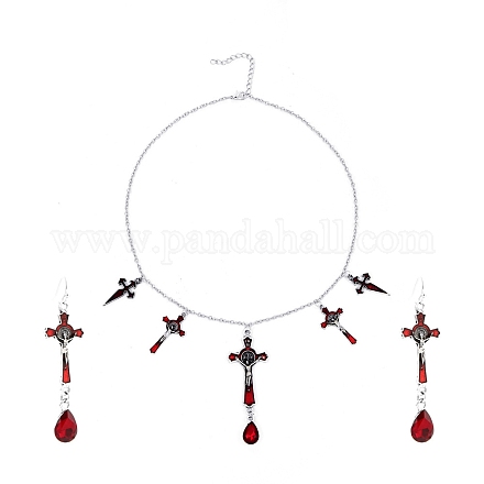 Schamottstein-Emaille-Kruzifix-Kreuz mit tropfenförmiger Anhänger-Halskette aus Kunststoff und baumelnden Ohrringen SJEW-G081-02AS-1