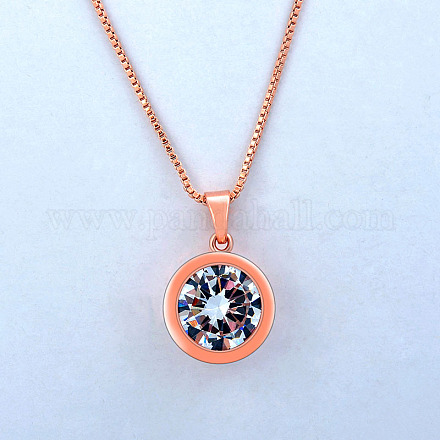 Flat Round Fashion 18K Real Rose Gold Plated Alloy Austrian Crystal Pendant Necklaces NJEW-DD0001-06B-1