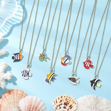 8 шт. 8 стиля ожерелья с подвеской в виде рыбы из сплава и эмали на тему океана NJEW-JN05228-1