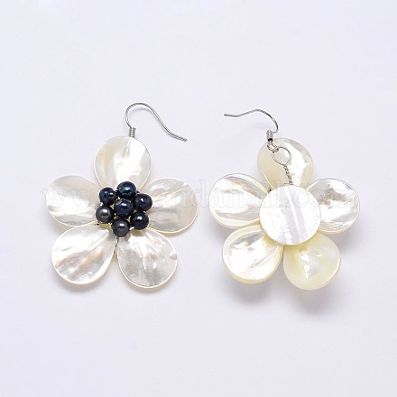 Natural Pearl Shell Flower Dangle Earrings EJEW-E144-E01-01A-1