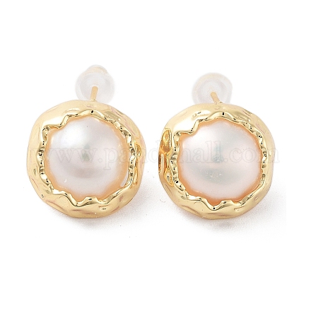 Orecchini a bottone semicircolari di perle naturali con componenti in ottone e 925 spilla in argento sterling EJEW-P256-90G-1