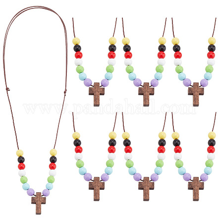 Cruz de madera con collares colgantes con cuentas acrílicas para mujer NJEW-AB00012-1
