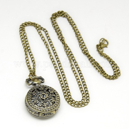 Alloy Flat Round with Flower Pendant Necklace Quartz Pocket Watch WACH-N011-23-1