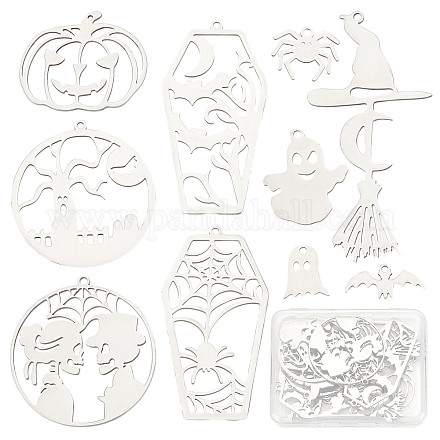 SUNNYCLUE 1 Box 20Pcs Halloween Charms Stainless Steel Spider Charms Skull Charm Double Sided Bat Spooky Ghost Charm Witch Hat Wizard Broom Pumpkin Charms for Jewelry Making Charm DIY Earrings Craft STAS-SC0005-08-1
