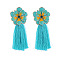 Bohemian Flower Alloy Enamel Tassel Stud Earrings, with Crystal Rhinestone, Golden, Dark Turquoise, 98x48mm