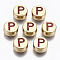 Alloy Enamel Beads, Cadmium Free & Lead Free, Flat Round with Initial Letters, Light Gold, Brown, Letter.P, 8x4mm, Hole: 1.5mm