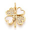 Brass Micro Pave Clear Cubic Zirconia Pendants, with Shell, Clover, with Jump Ring, Real 18K Gold Plated, 17x15x2.5mm, Hole: 3mm