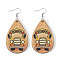 Teardrop with School Bus Pattern Wood Dangle Earrings, Platinum, BurlyWood, 75x35mm