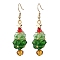 Christmas Trees 304 Stainless Steel Glass Dangle Earrings, Real 18K Gold Plated, Green, 55~56x14~15mm