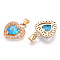 Faceted Glass Charms, with Brass Micro Clear Cubic Zirconia Findings, Heart, Light Gold, Deep Sky Blue, 17x14x4mm, Hole: 4.5x2.5mm