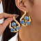 Flower Iron Enamel Stud Earrings, Golden, Left and Right, Deep Sky Blue, 51x37mm
