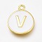 Brass Enamel Pendants, Long-Lasting Plated, Golden, White, Flat Round, Letter.V, 16.5x13x2mm, Hole: 1.5mm