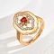 Brass Micro Pave Cubic Zirconia Finger Rings for Women, Flower, Golden, Red, 15x22mm, US Size 9(18.9mm)