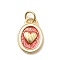 Brass Enamel Pendants, Oval with Heart Charms, Rack Plating, Long-Lasting Plated, Cadmium Free & Lead Free, Real 18K Gold Plated, with Jump Ring & Glitter Powder, Orange, 14x10x2mm, Hole: 3.2mm