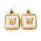 304 Stainless Steel Enamel Pendants, Square with Butterfly Charm, with Jump Ring, Ion Plating(IP), Real 18K Gold Plated, White, 16x12x2.5mm, Hole: 2.5mm