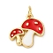 Brass Enamel Pendants, Mushroom Shape, Rack Plating, Lead Free & Cadmium Free, Long-Lasting Plated, Real 18K Gold Plated, Red, 15x13x2mm, Hole: 3.5mm