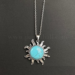 Colliers vintage avec pendentif soleil en turquoise synthétique et chaîne en alliage, platine, 19.69 pouce (50 cm)