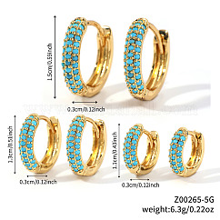 Boucles d'oreilles créoles élégantes en laiton avec pavé de zircones cubiques, Forme de l'anneau, or, turquoise, 15~11x3mm