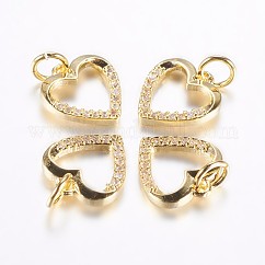 Charms in zirconia cubici microattivi a lunga durata in ottone placcato, cuore vuoto, vero placcato oro 18k, 11.5x11x2mm, Foro: 3 mm