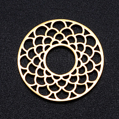 201 eslabones de unión de filigrana de acero inoxidable, Corte con laser, plano y redondo con flor, dorado, 17.5x1mm