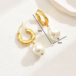 プラスチックイミテーションパールダングルフープピアス  304ステンレススチールイヤリング  ゴールドカラー  40x20mm&nbsp;TP0956-1