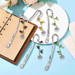 Закладки из смешанного натурального окрашенного белого нефрита/окрашенного малайзийского нефрита/лимонного нефрита с листьями и древом жизни AJEW-JK00286