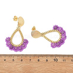 201ステンレススチールスタッドピアス  ティアドロップ  ガラスビーズは、女性のためのピアスをぶら下げる  パープル  45x28.5mm&nbsp;EJEW-MZ00809-01