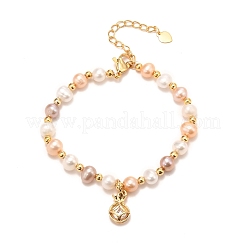 Плоские круглые браслеты с подвесками из латуни с кубическим цирконием и кубическим цирконием BJEW-D447-04G-01