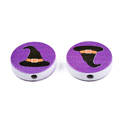 ハロウィンプリント天然木ビーズ  魔女の帽子の模様とフラットラウンド  ミディアム蘭  19~20x5.9mm  穴：2~2.2mm&nbsp;WOOD-T021-61