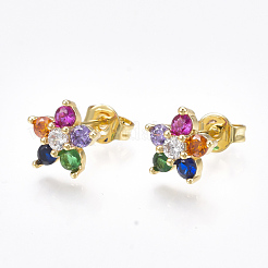 真鍮製マイクロパヴェキュービックジルコニアスタッドピアス  花  18KGP本金メッキ  8.5x9x2.5mm  ピン：0.7mm&nbsp;EJEW-S201-49